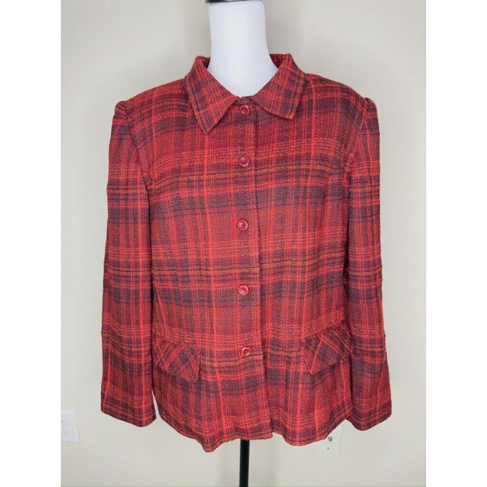 Sag Harbor Womens Brown Plaid Collared Long Sleeves Button Blazer 18-20P - Picture 2 of 8